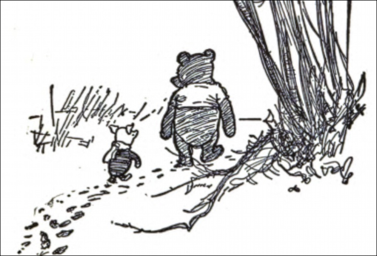 Sketch of Winnie the Pooh and Piglet walking hand-in-hand through the woods