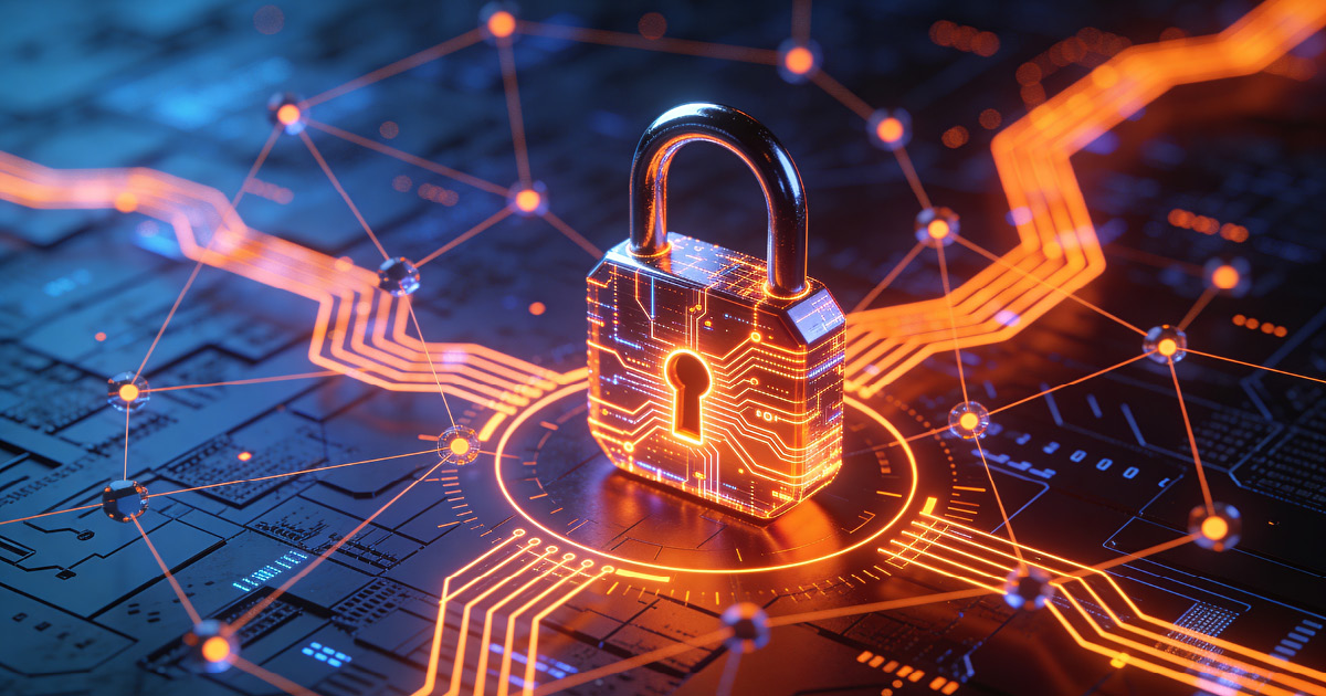 A padlock on top of a circuit board, with glowing lines in high-tech looking patterns.