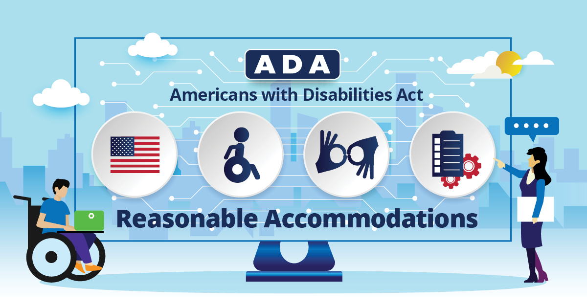 An illustration of an oversized computer monitor, with a city skyline in the background. On the monitor is a row of images, including an American flag, and icons for wheelchair access, ASL, and documents. It says, “ADA. Americans with Disabilities Act. Reasonable Accommodations.” Next to the monitor is a person using a wheelchair, working on a laptop, and a person pointing to the monitor, with a text bubble above that has 4 dots in it.