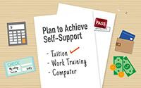 Cartoon calculator, money, a check, and a wallet on a table with a paper in the middle that says "Plan to achieve Self-Support"