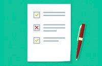 Cartoon pen and a paper with three checkboxes on it